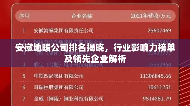 安徽地暖公司排名揭晓，行业影响力榜单及领先企业解析