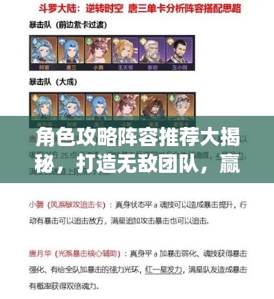 角色攻略阵容推荐大揭秘，打造无敌团队，赢战全场！